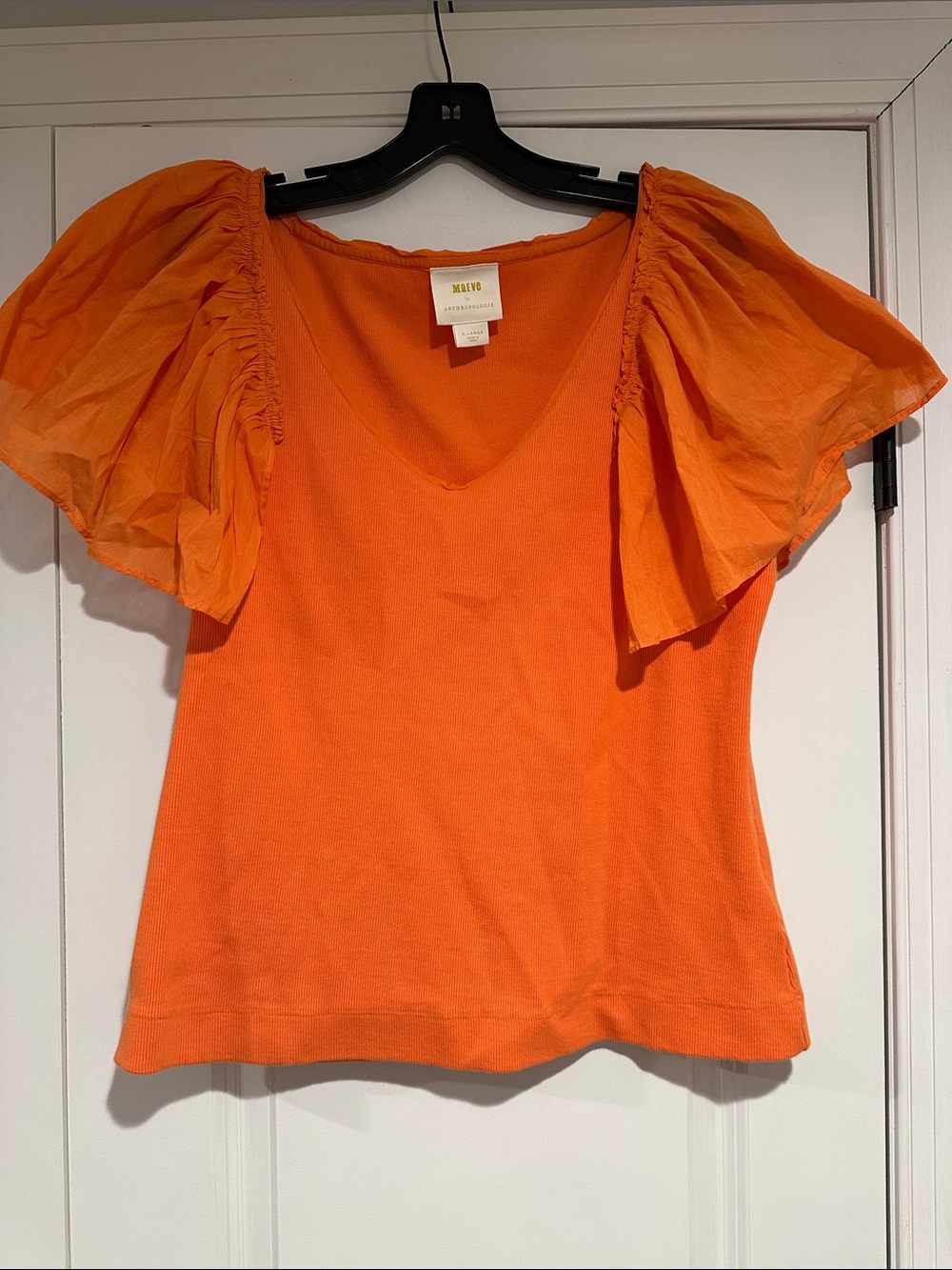 Maeve by Anthropologie Orange V-Neck Top with Flutter Sleeves